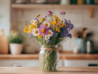 Fresh Wildflower Bouquet in Glass Jar on Kitchen Countertop