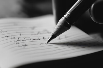 Close-Up of Hand Holding Pencil Writing in Open Notebook