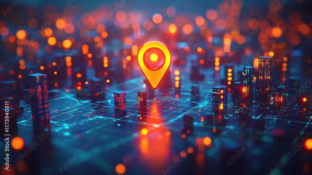 Poster futuristic illuminated geolocation map with neon location pin and cyberpunk cityscape