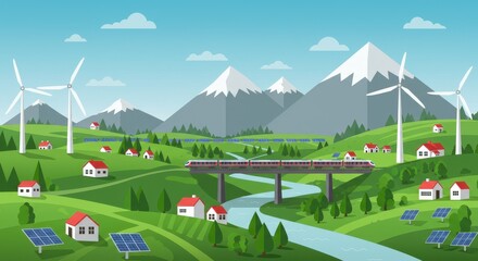A flat illustration of a sustainable landscape with wind turbines, solar panels, and small white houses scattered on rolling green hills