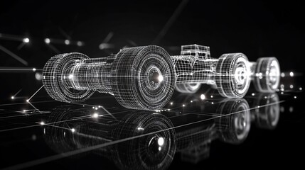 Wireframe race car model on dark reflective surface.