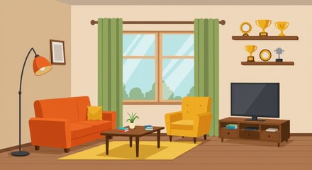 A flat illustration of a simple living room with an orange sofa, a yellow armchair, a wooden coffee table and a modern TV on a stand