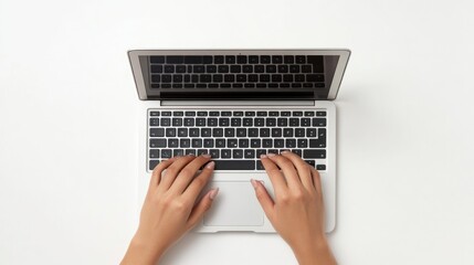Fototapeta premium Overhead view of hands typing on a laptop keyboard. Perfect for showcasing productivity apps blogging software or online learning platforms.