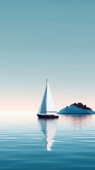 Fototapeta premium Tranquil Sailboat on Serene Water with Island at Dusk