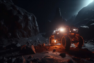 High-tech lunar rover illuminated in a dark alien landscape under soft moonlight