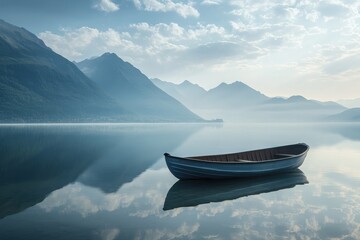 Serene Morning Reflection of a Canoe on Calm Lake Surrounded by Mountains
