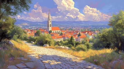 Naklejka premium Stunning Landscape of Historic Town with Church Tower, Red Roofs, and Cobbled Path in Vibrant Nature Surrounded by Lush Greenery and Dramatic Cloudy Sky