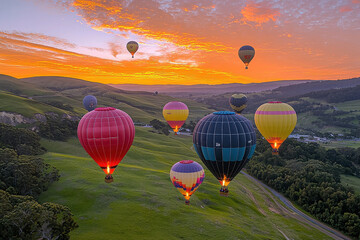 Fototapeta premium Hot air balloons over green valley at sunrise