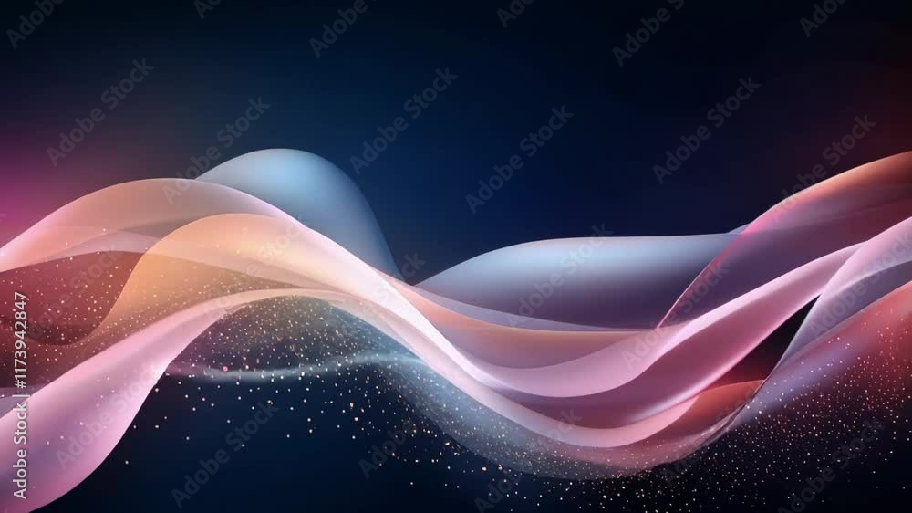 Poster Flowing smoothly, elegant pink and blue waves dance across a dark background, illuminated by shimmering particles, creating a luxurious and enchanting atmosphere filled with magic