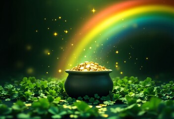 Lucky pot of gold at end of rainbow with glowing clovers. St. Patrick's Day concept on dark green background. Irish folklore and fortune symbol for festive holiday design