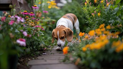 Beagle Dog Exploring Colorful Garden with Nose Close to Ground