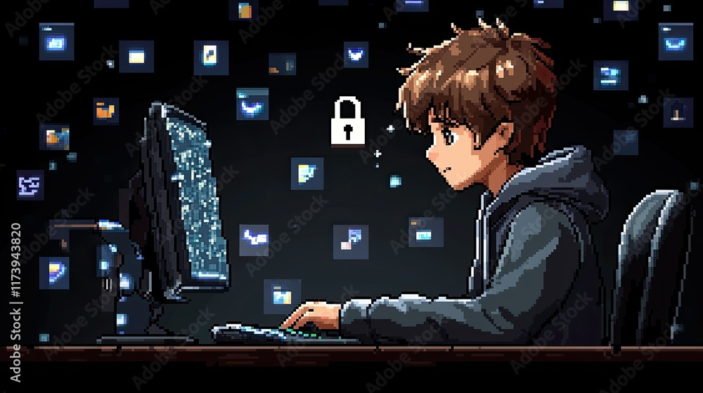 Aufkleber pixel art of a young man using a computer, surrounded by digital data and a padlock icon, symbolizin