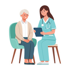 An illustration of a healthcare professional providing personalized care to an elderly patient.