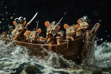 Naklejka premium Pirate rodent crew sailing wooden boat, stormy water.