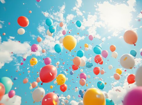 colorful balloons flying in blue sky with clouds