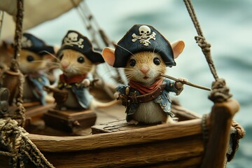 Fototapeta premium Rodents in pirate costumes sail a small wooden boat.
