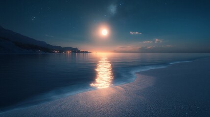 Fototapeta premium Serene moonlit beach at night, calm ocean reflecting moonlight.