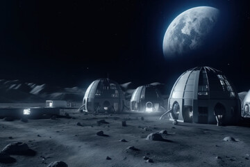 Futuristic moon colony illuminated under a glowing Earth and starry sky