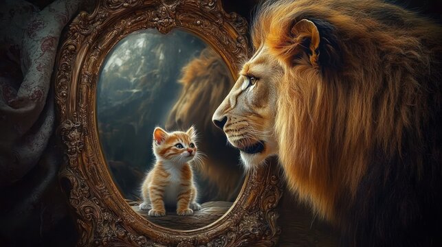 Lion Reflection in Mirror with Kitten Symbolizing Self-Discovery and Personal Growth