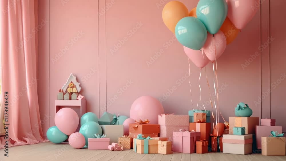Aufkleber many colorful gifts are arranged in a pink room with balloons floating above, creating a festive atm