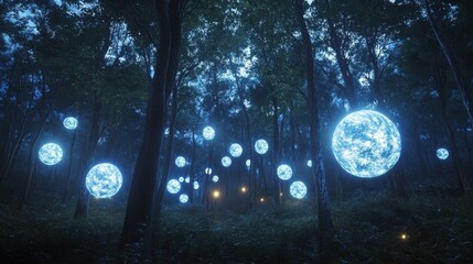 Naklejka premium Ethereal Blue Lights Floating in Enchanted Forest at Night