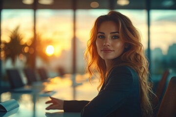 Business Meeting Scene with Professional Woman in Dark Suit Gesturing in Modern Office