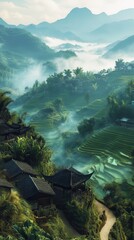 Serene Misty Landscape with Rice Terraces and Mountains at Dawn