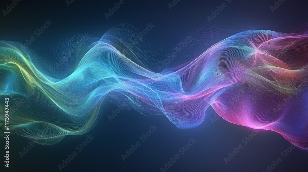 Poster smooth gradients of green purple and blue interact glowing trails of light creating mesmerizing atmo