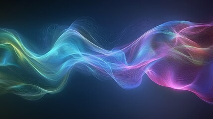 Smooth gradients of green purple and blue interact glowing trails of light creating mesmerizing atmosphere reminiscent of aurora lights against dark sky.