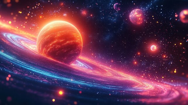 Vibrant Cosmic Scene Glowing Planet Neon Stardust 3D Illustration