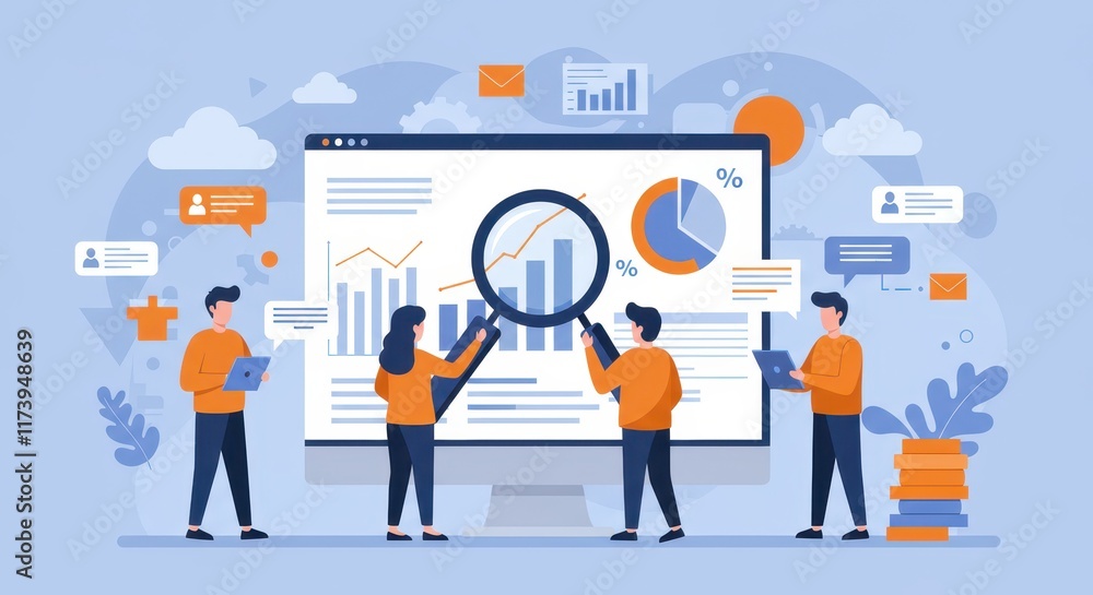 Poster a flat illustration of three professionals analyzing data on a large computer screen