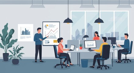 A flat illustration of an open office space with multiple people working at their desks