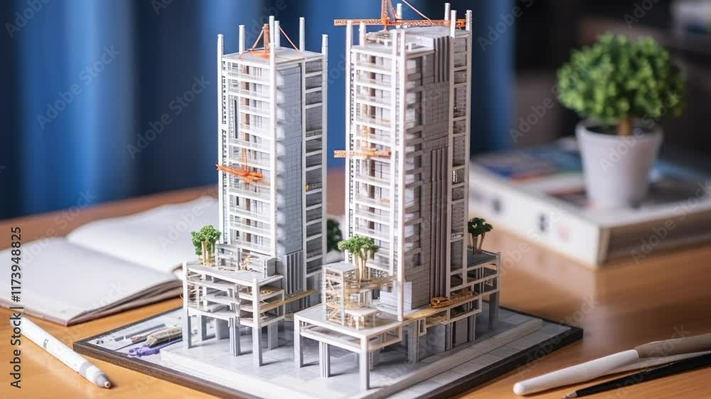 Poster Architectural model of two modern skyscrapers under construction, placed on an architect's desk with open notebook and pens, showcasing the intricate details of urban development and design