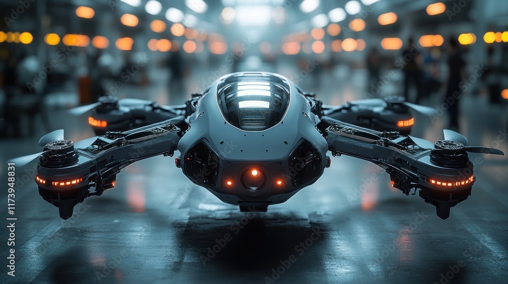 Poster advanced drone prototype in high-tech factory setting showcasing military innovation and manufacturi
