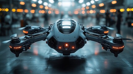 Advanced Drone Prototype in High-Tech Factory Setting Showcasing Military Innovation and Manufacturing Processes