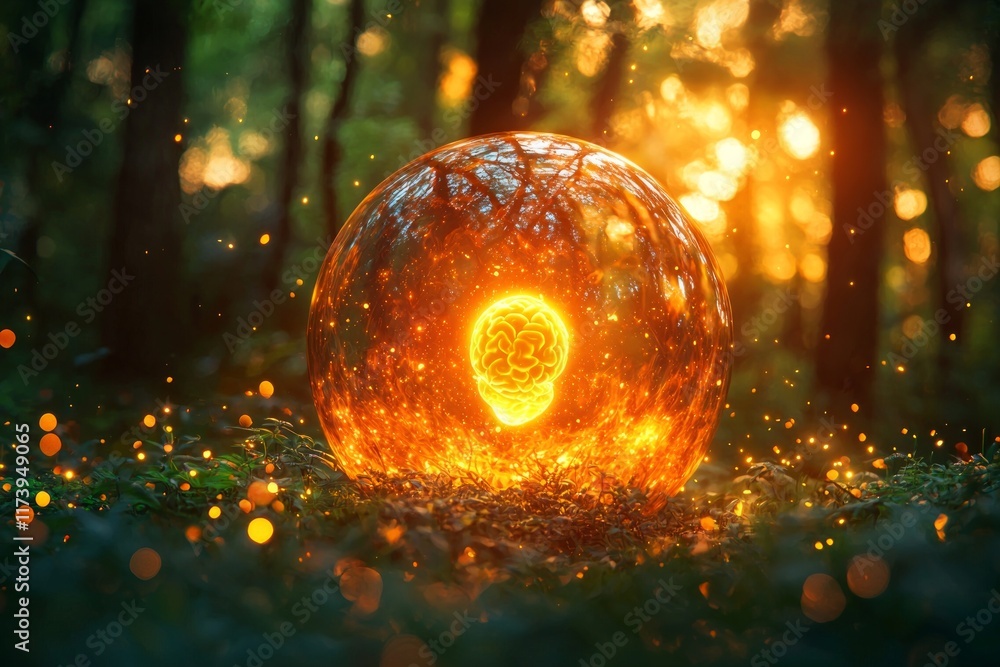 Poster radiant human embryo floats inside mystical orb illuminated magical light. vibrant colors and sparkl