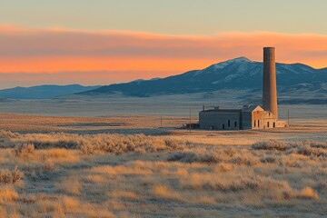Fototapeta premium Abandoned building stands alone against a colorful sunset in a remote landscape with mountains in the background