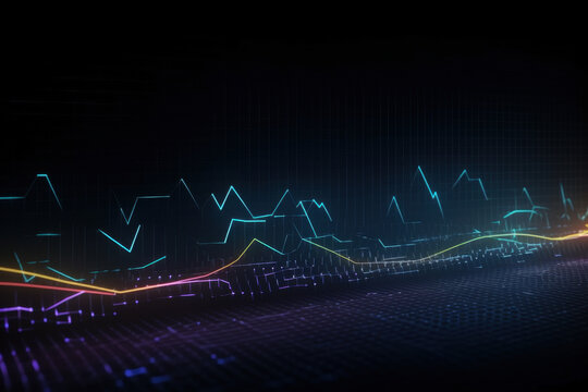 Abstract glowing financial graphs with dynamic blue and purple neon lines