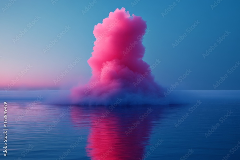 Poster colorful cloud formation rises above calm waters during twilight, creating a stunning reflection on 