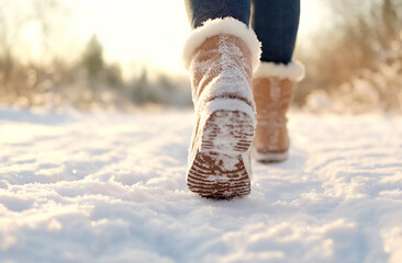 A close-up of boots leaving deep imprints in freshly fallen snow on a quiet path