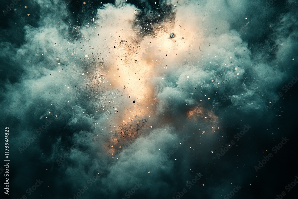 Poster explosive eruption creating a dramatic display of light and smoke in a darkened environment
