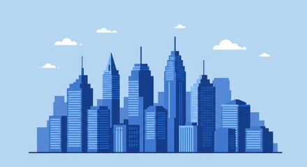 Fototapeta premium A flat illustration of a detailed urban skyline with modern skyscrapers and a few clouds in the background