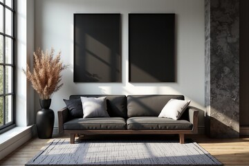 Contemporary living room with minimalist decor and natural light.