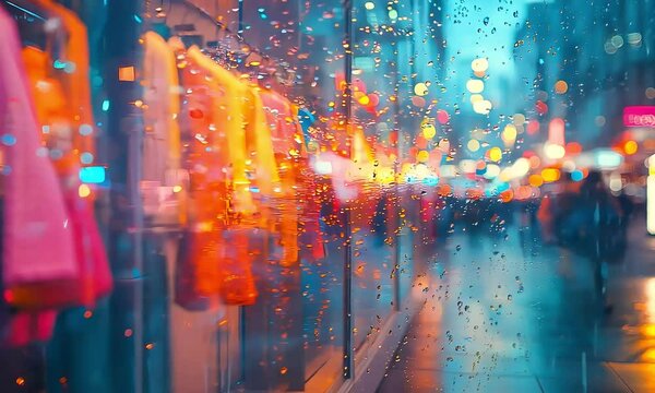 Fashion clothes displayed in shop window reflecting city lights at night