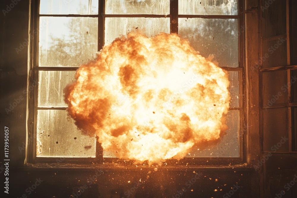 Poster dramatic explosion breaking through a window in an abandoned building during daylight