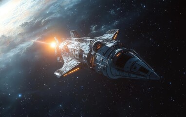 Obraz premium Futuristic Spacecraft Drifting in Cosmic Vastness with Dramatic Lighting and Motion