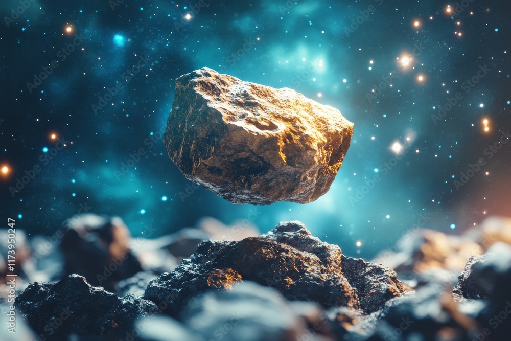 Poster floating asteroid in a cosmic landscape with distant stars and celestial phenomena