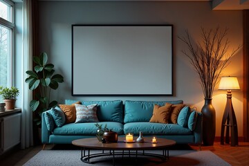 Cozy living room with teal sofa, warm lighting, and modern decor.