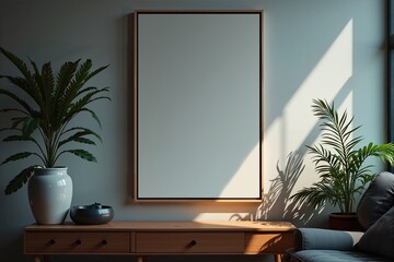 A serene corner with a blank canvas, potted plants, and a wooden console table.