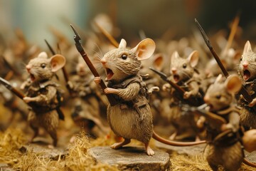 Obraz premium Miniature rodent soldiers wielding spears.